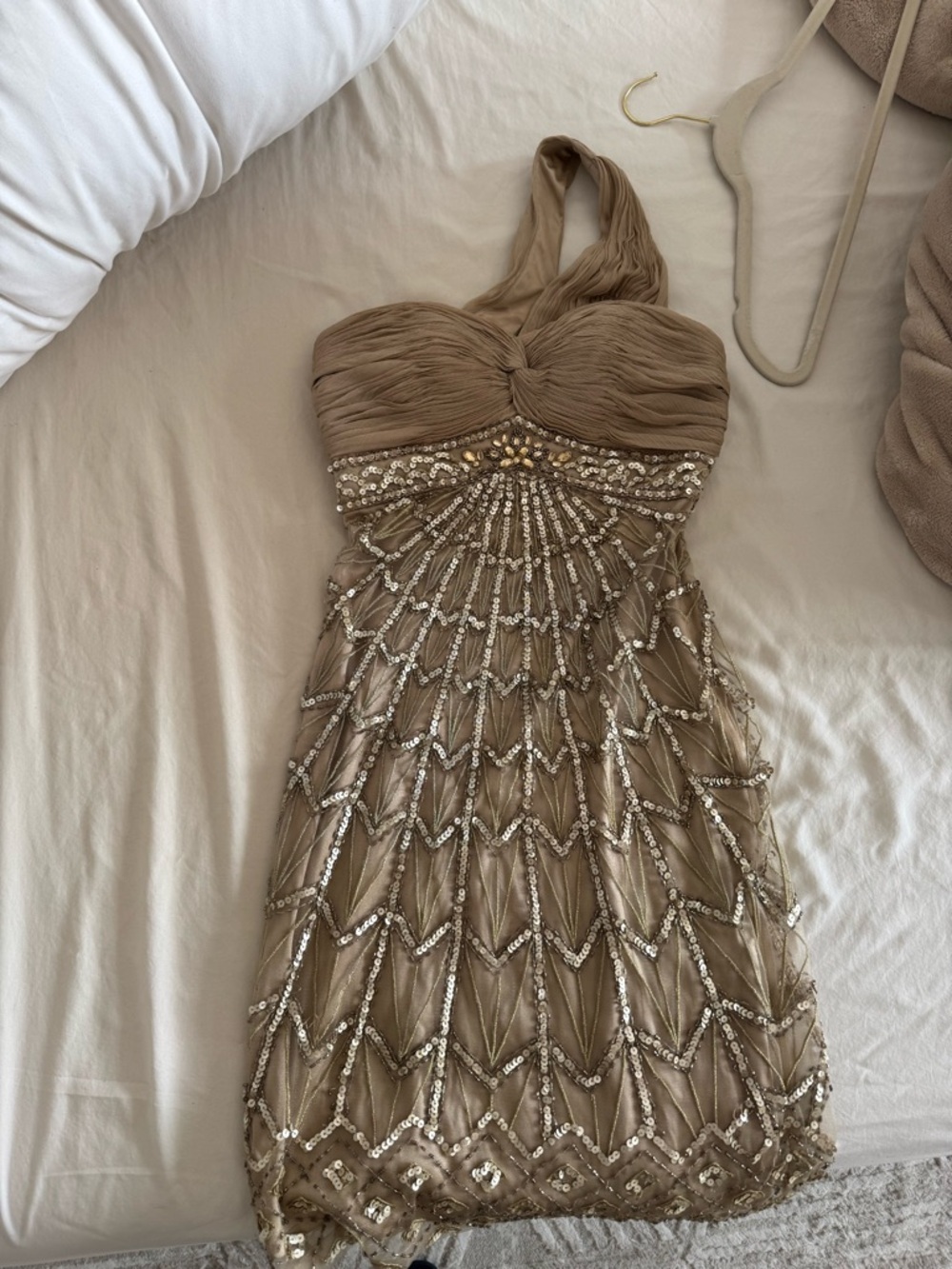 Sue Wong Taupe One-Shoulder Embellished Cocktail Dress